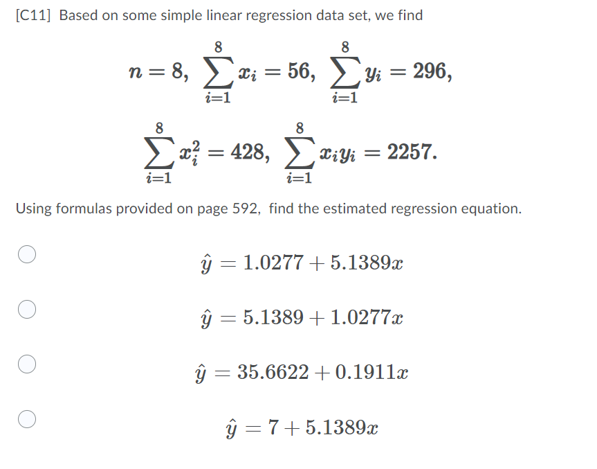 Solved [C11] Based on some simple linear regression data | Chegg.com