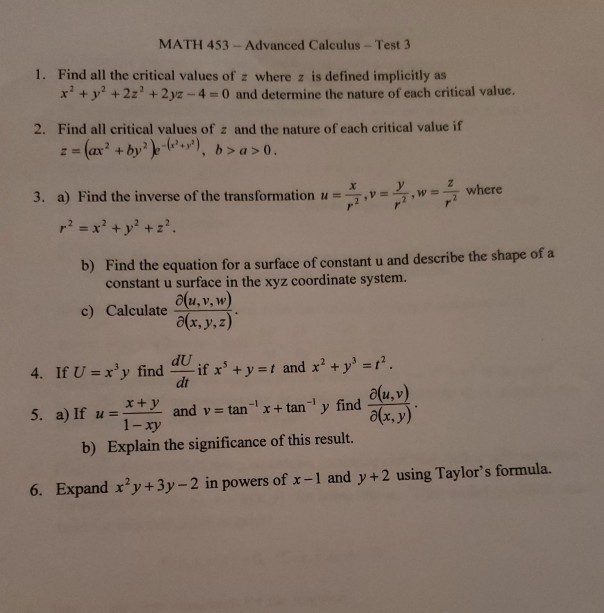 Solved Math 453 Advanced Calculus Test 3 1 Find All The Chegg Com