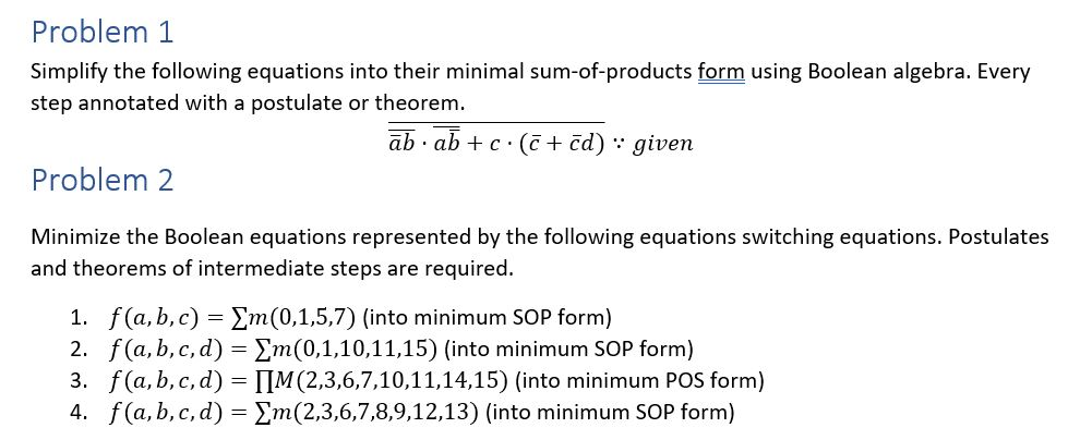 Solved Problem 1 Simplify the following equations into their | Chegg.com
