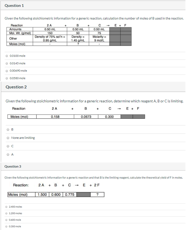 Solved Question 1 Given the following stoichiometric | Chegg.com