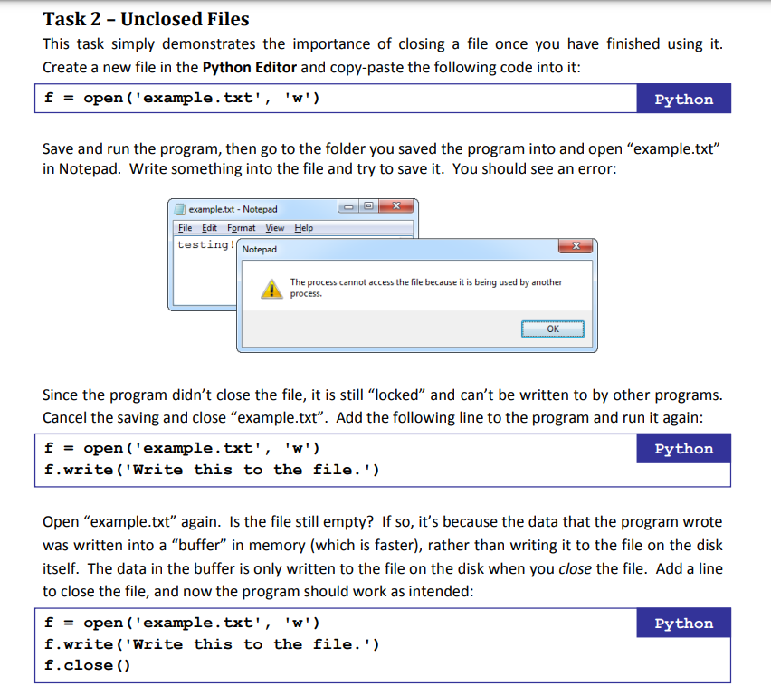 Task 2 - Unclosed Files This task simply demonstrates | Chegg.com