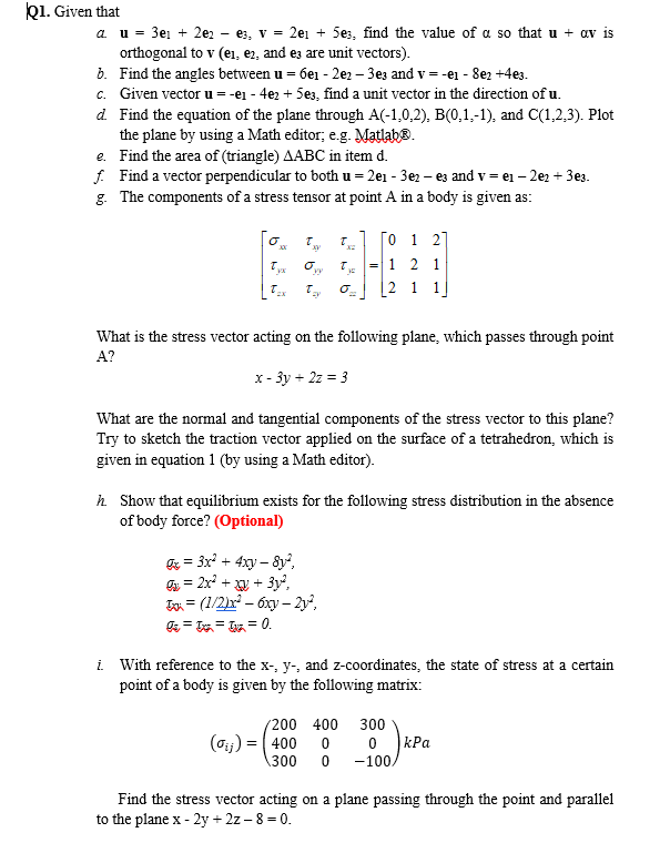 Solved kl. Given that a u = 3e: + 2e2 - ez, v = 2e1 + 5e3, | Chegg.com