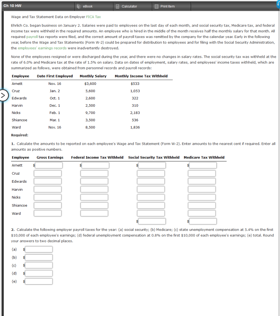 Ch 10 Hw Ebook Calculator Print Item Wage And Tax Chegg Com