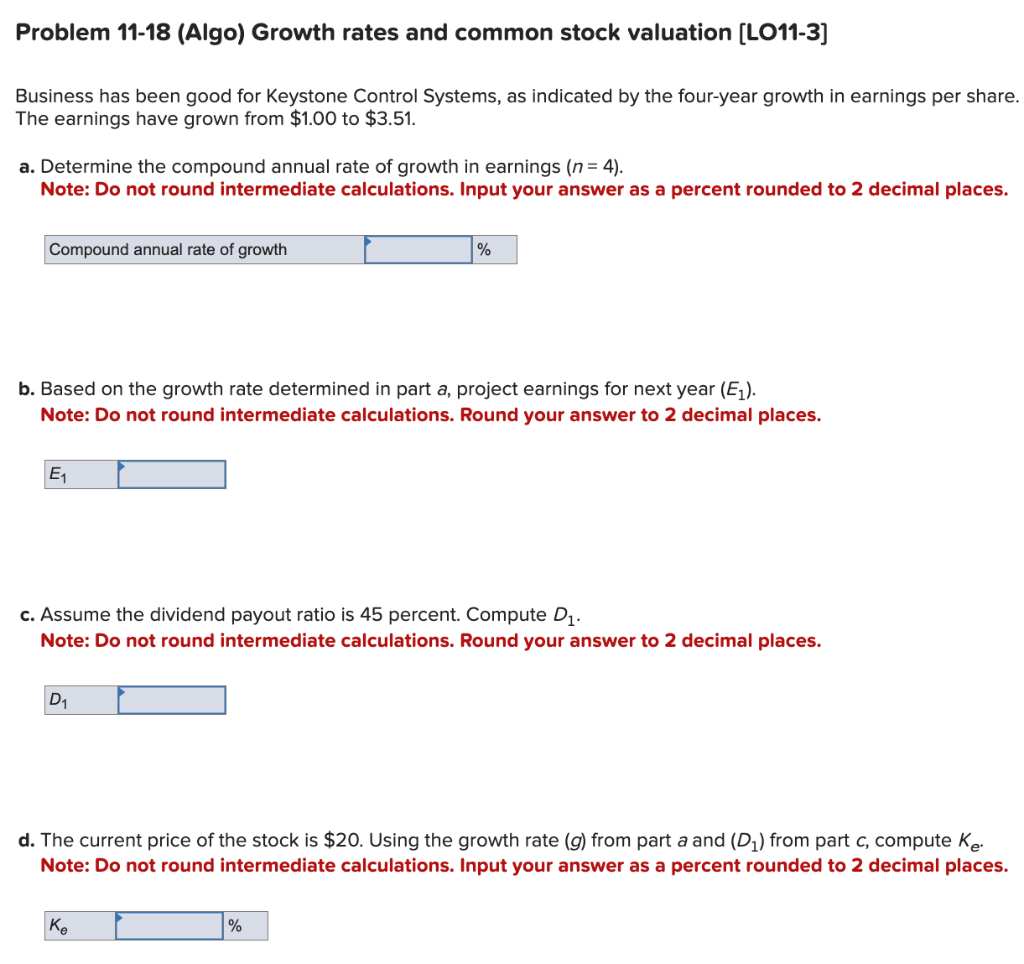 Solved Problem 11-18 (Algo) Growth rates and common stock | Chegg.com