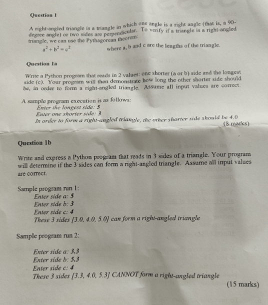 Solved Question 1 A right-angled triangle is a triangle in | Chegg.com