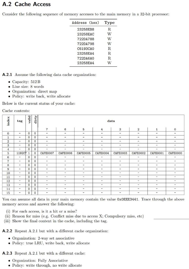 Solved A.2 Cache Access Consider the following sequence of | Chegg.com