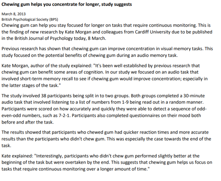 Solved Chewing gum helps you concentrate for longer, study