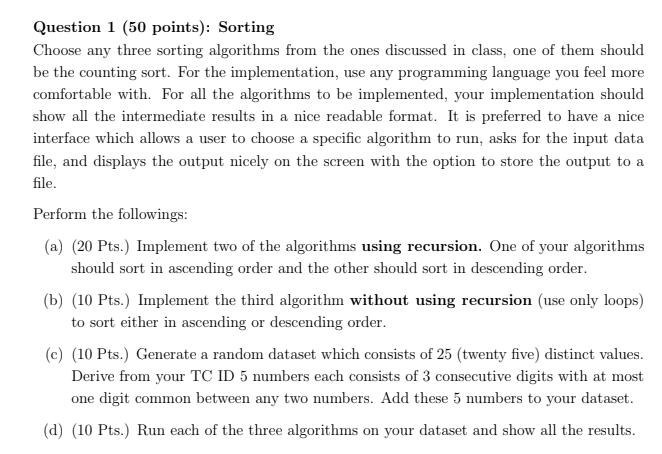 Question 1 (50 points): Sorting Choose any three | Chegg.com