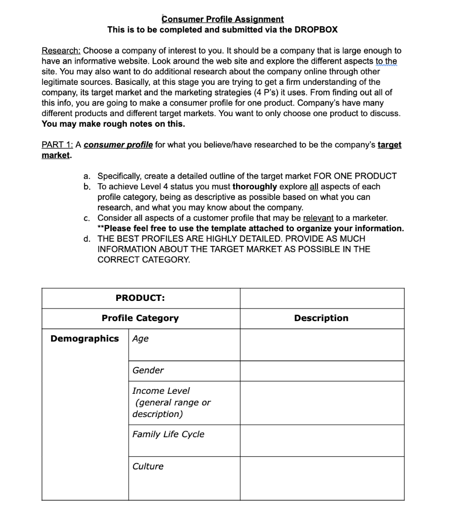 Solved Consumer Profile Assignment This is to be completed | Chegg.com