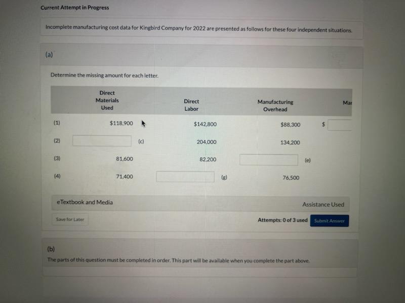 Solved manufacturing cost data for Kingbird
