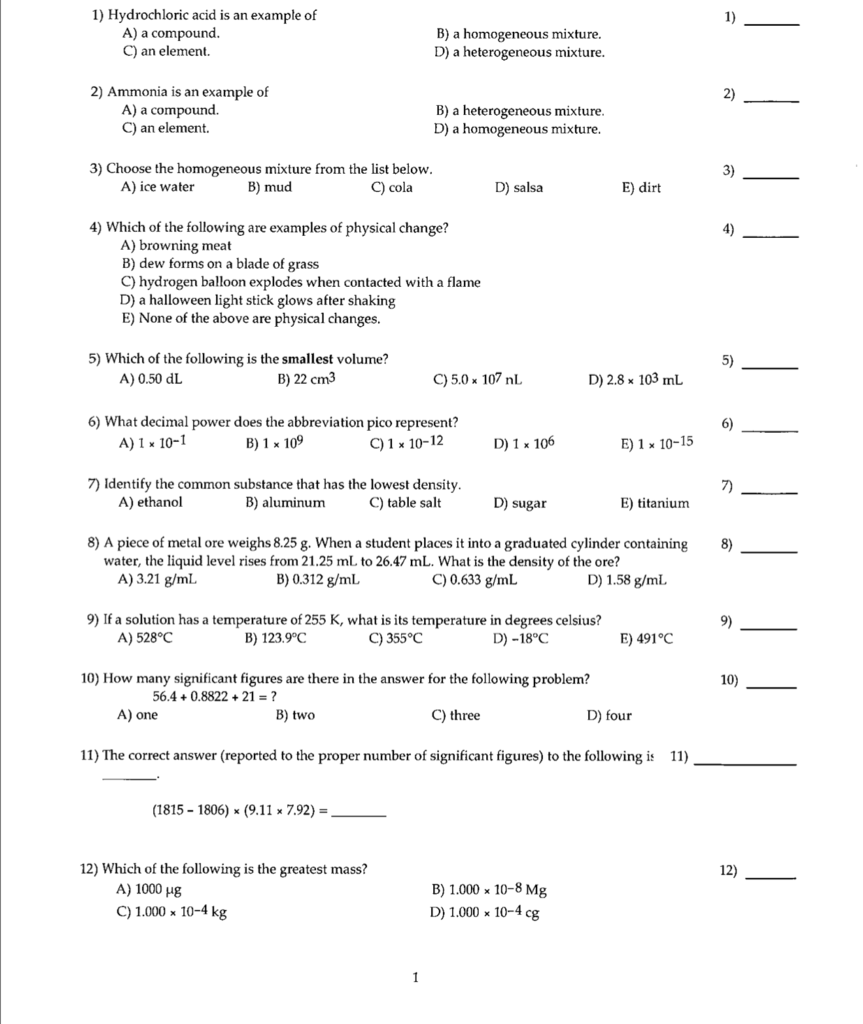 Solved 1) Hydrochloric acid is an example of A) a compound | Chegg.com