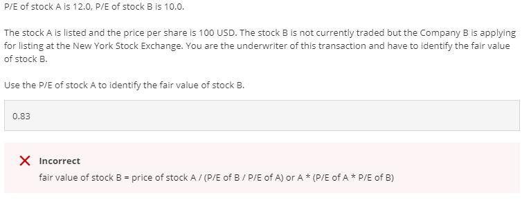 Solved Fair Value Of Stock B Price Of Stock A P E Of B Chegg