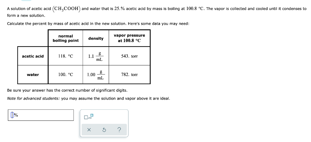 Solved A solution of acetic acid (CH,COOH and water that is | Chegg.com