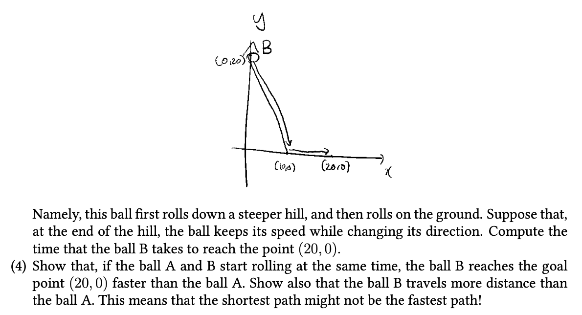 A ball begins rolling down a hill from point A. It rolls to the bottom of  the hill at point D. and 