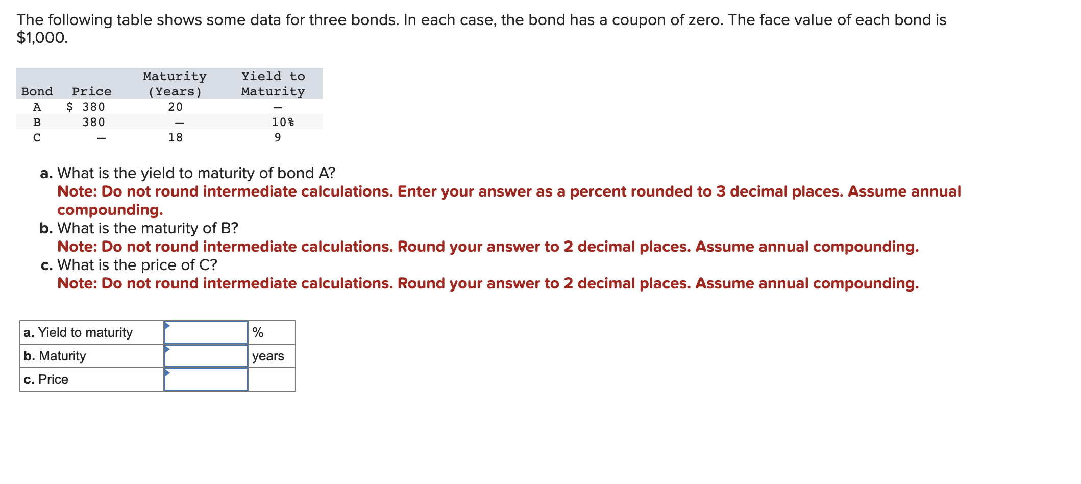 Solved The following table shows some data for three bonds. | Chegg.com