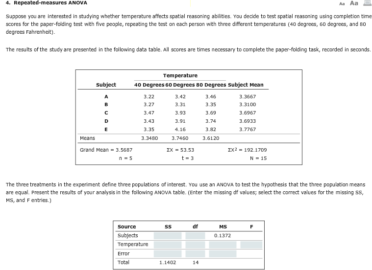 Solved 4. Repeatedmeasures ANOVA Aa Aa E Suppose you are