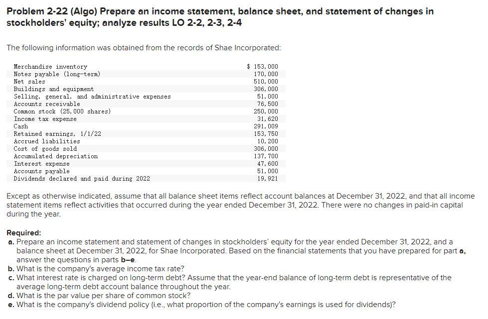 Solved Problem 2-22 (Algo) Prepare an income statement, | Chegg.com