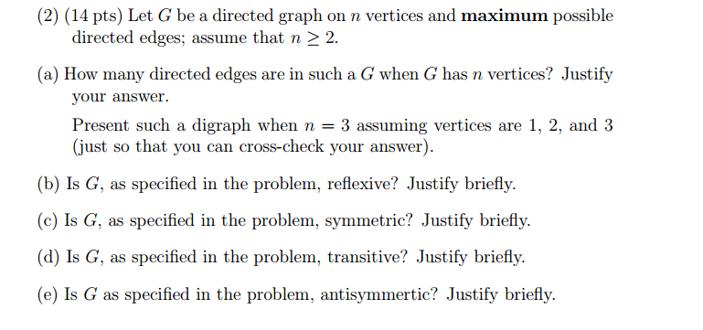 Solved (2) (14 pts) Let G be a directed graph on n vertices | Chegg.com