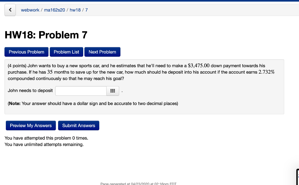 Solved Webwork Ma162520 Hw18 7 Hw18 Problem 7 Previous Chegg Solved Webwork Ma162520 Hw18 7 Hw18 Problem 7 Previous Chegg