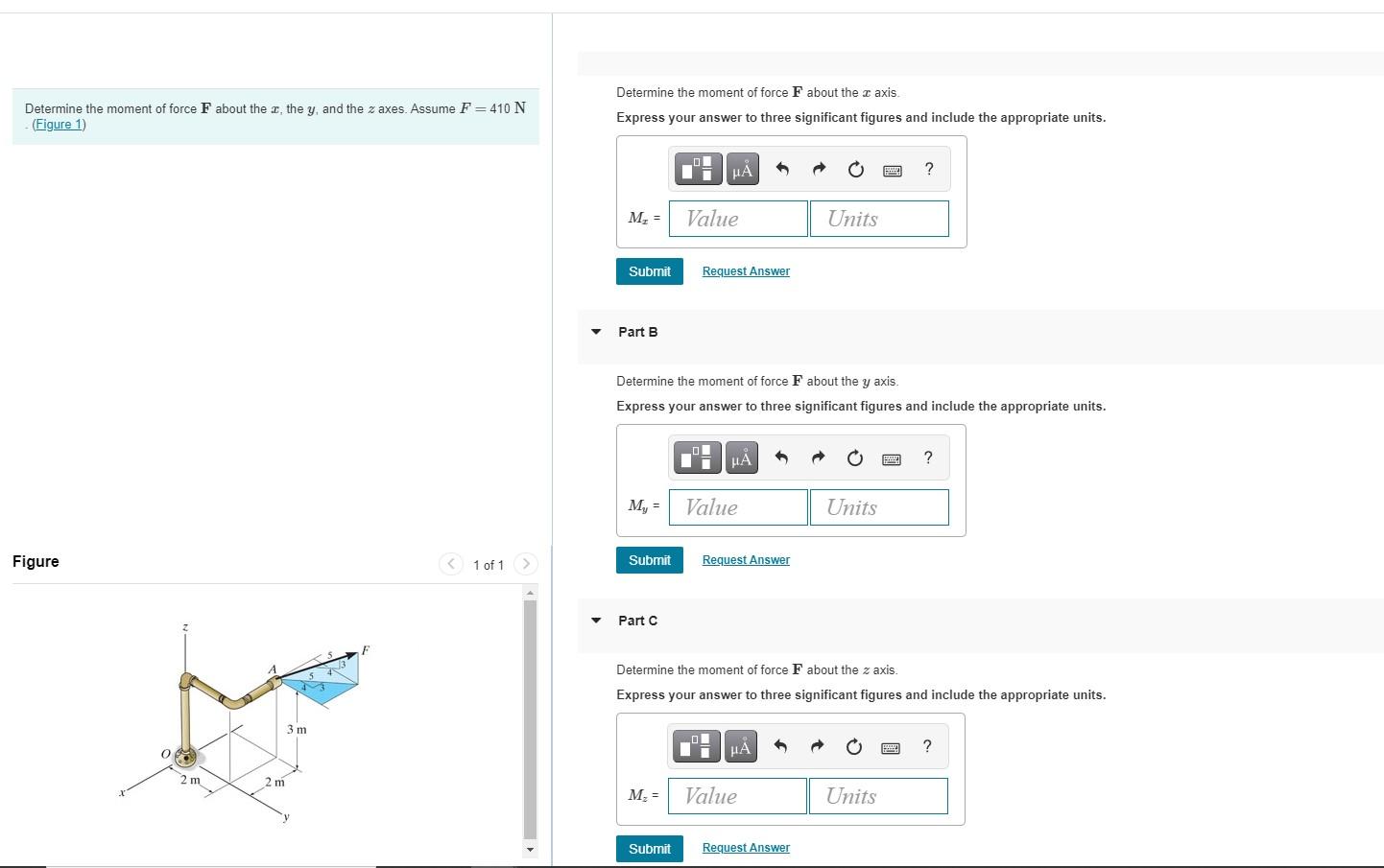 Solved Determine the moment of force F about the r, the y, | Chegg.com