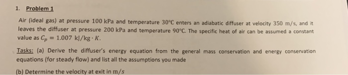 Solved 1. Problem 1 Air (ideal gas) at pressure 100 kPa and | Chegg.com