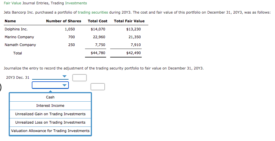 Solved Fair Value Journal Entries, Trading Investments Jets | Chegg.com