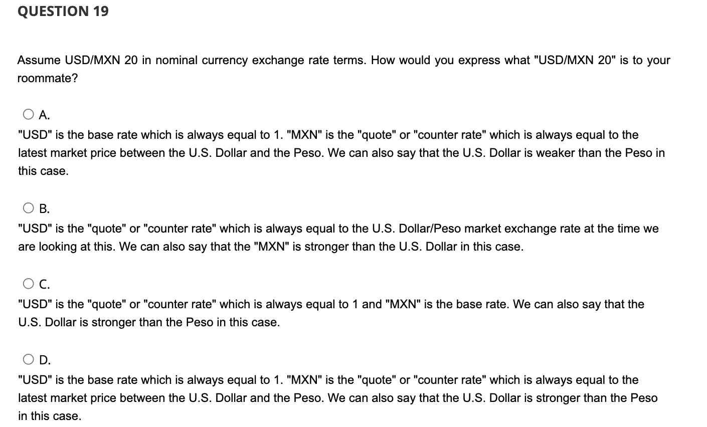Solved Assume USD/MXN 20 in nominal currency exchange rate | Chegg.com