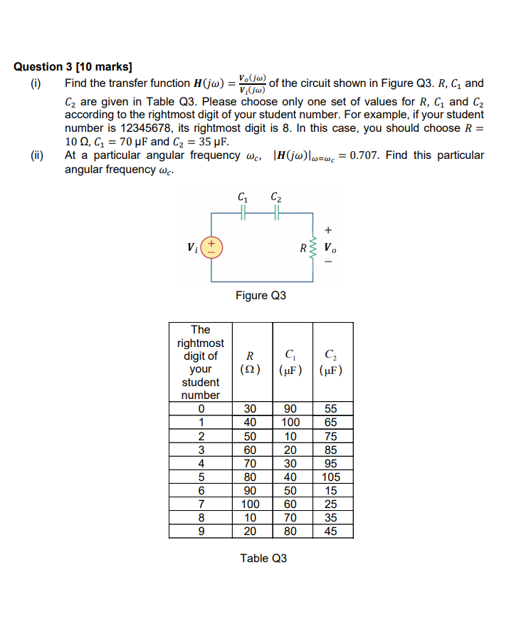 Solved Question 3 [10 marks] (i) Find the transfer function | Chegg.com