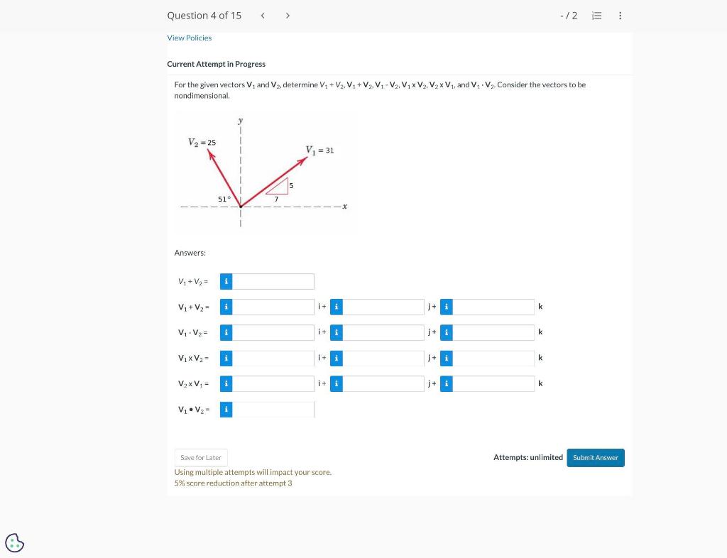 Solved For the given vectors V1 and V2, determine | Chegg.com