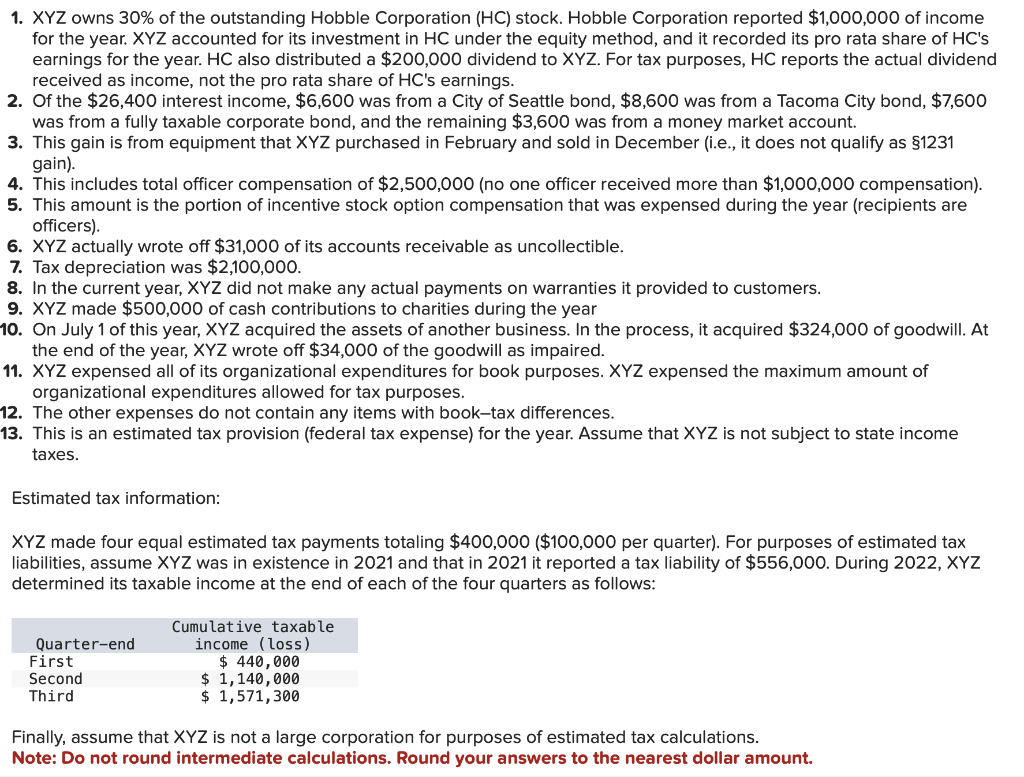 Solved 1. XYZ owns 30% of the outstanding Hobble Corporation | Chegg.com