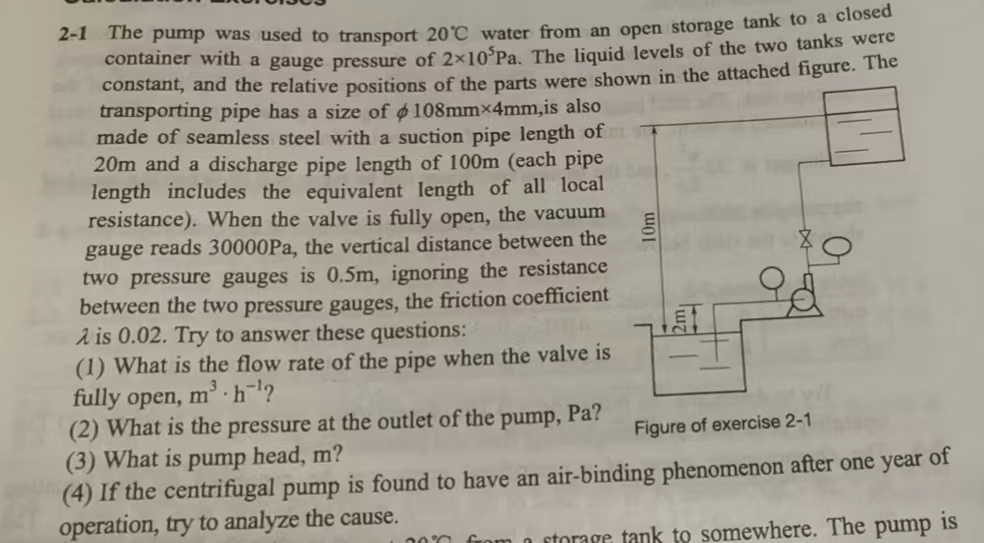 Solved 2-1 ﻿The pump was used to transport 20°C ﻿water from | Chegg.com