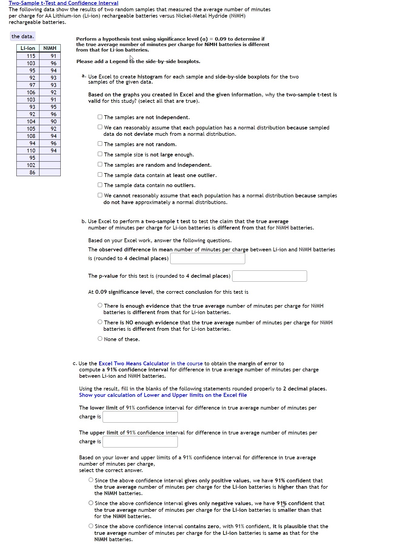 Two-Sample t-Test and Confidence Interval
The following data show the results of two random samples that measured the average