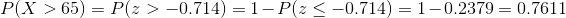 P(X >65) = P(:> -0.714) = 1-Plz< -0.714) = 1-0.2379 = 0.7611