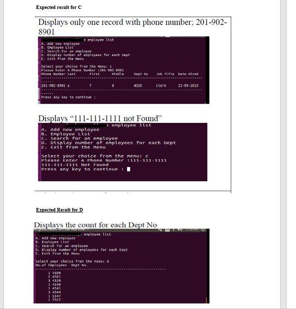 Expected result for c displays only one record with phone number; 201-902- 8901 e employee itst a. add new employee b. enploy