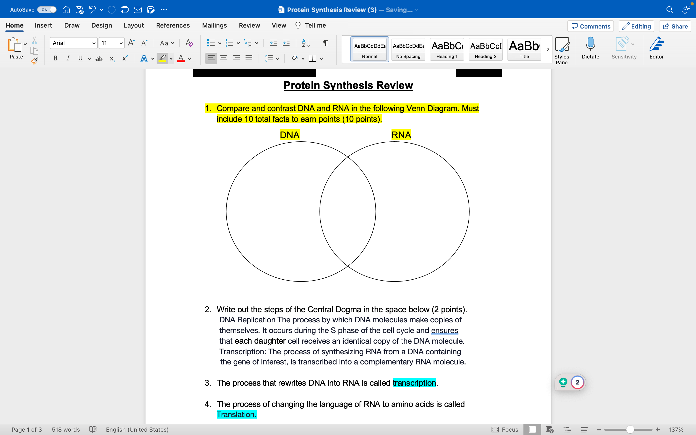 Solved Protein Synthesis Review 1. Compare and contrast DNA | Chegg.com