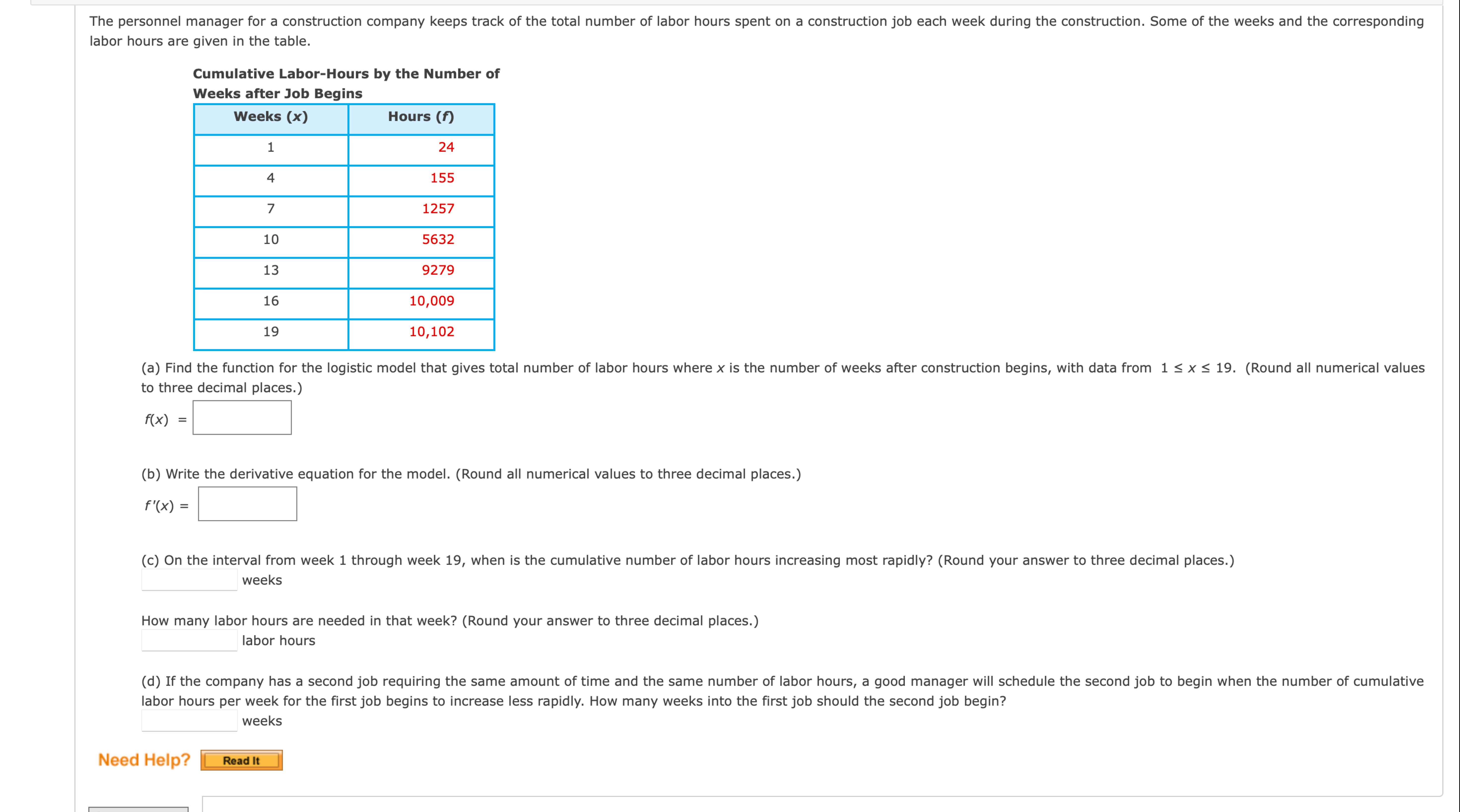 labor hours are given in the table.Cumulative