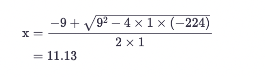 Solved x=-9+92-4×1×(-224)22×1=11.13 | Chegg.com