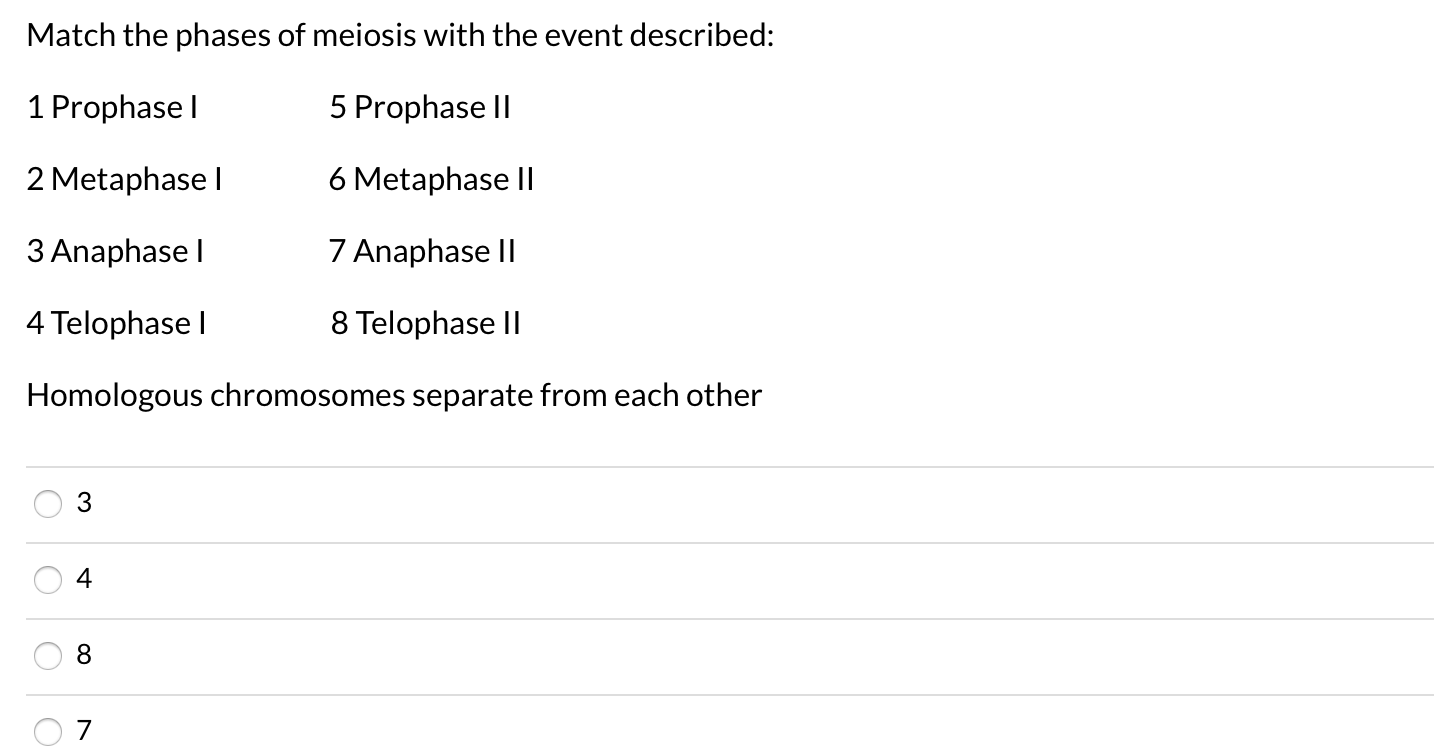 Solved Match the phases of meiosis with the event described: | Chegg.com