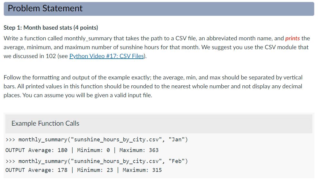 Step 1: Month based stats (4 points) Write a function | Chegg.com