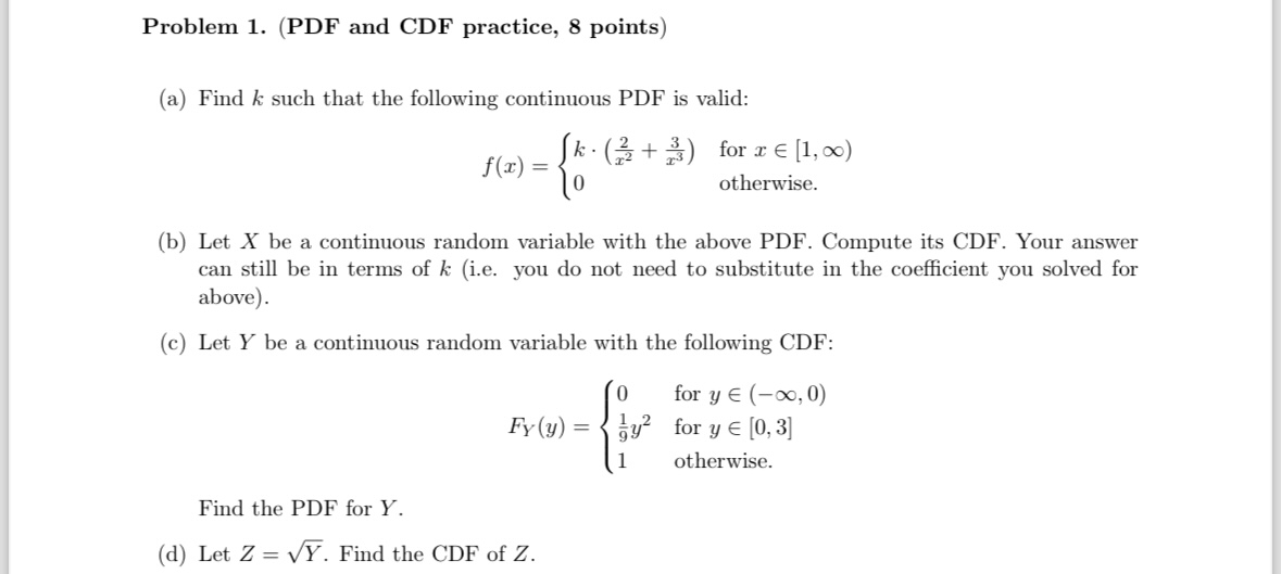 Solved Problem 1. (PDF and CDF practice, 8 points) (a) Find | Chegg.com