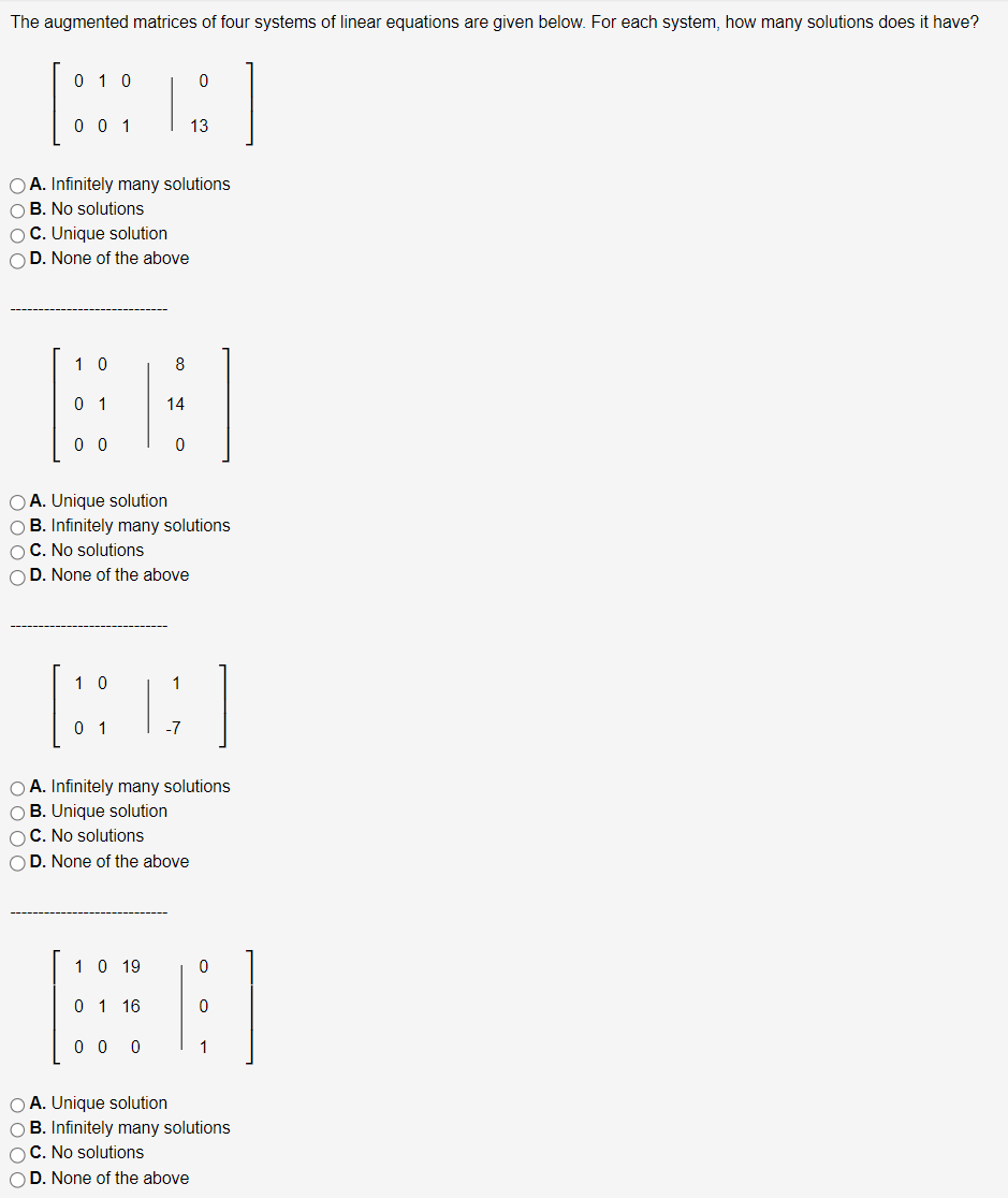 Solved [001001013] A. Infinitely Many Solutions B. No | Chegg.com