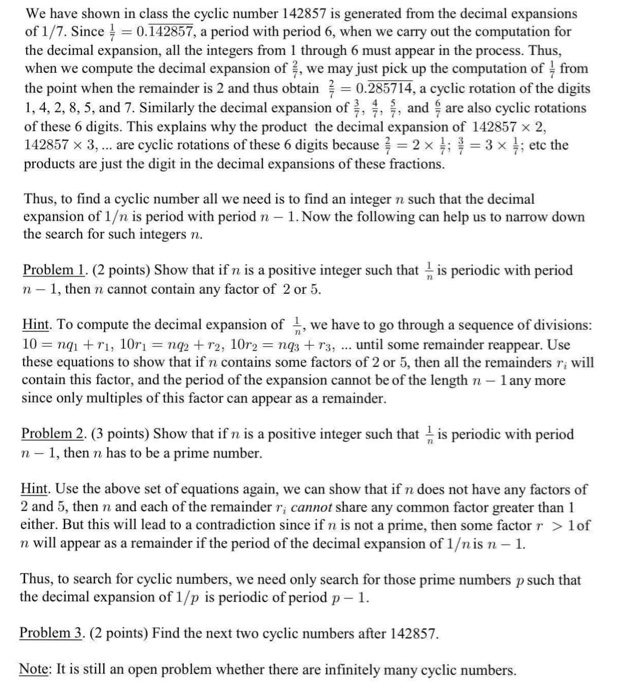 Solved We have shown in class the cyclic number 142857 is | Chegg.com