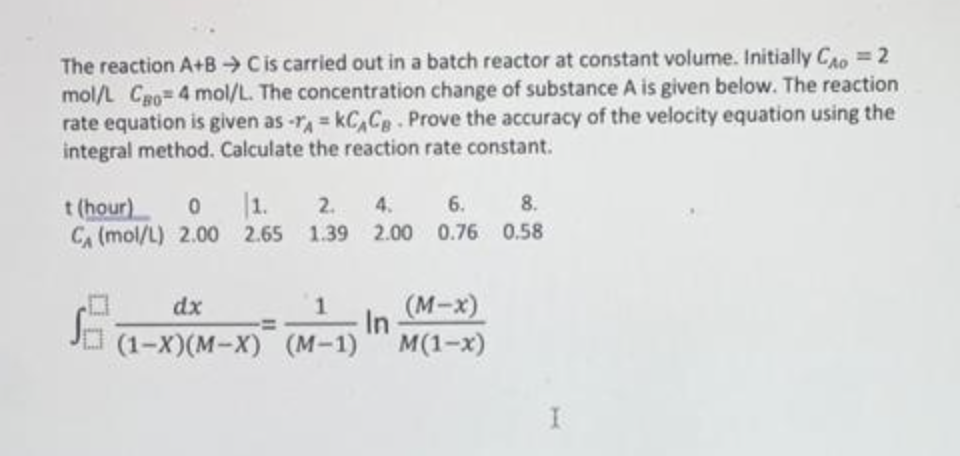 Solved The Reaction A+B→C Is Carried Out In A Batch Reactor | Chegg.com