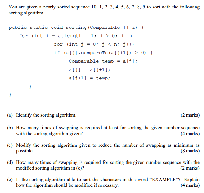 Solved You are given a nearly sorted sequence 10, 1, 2, 3, | Chegg.com