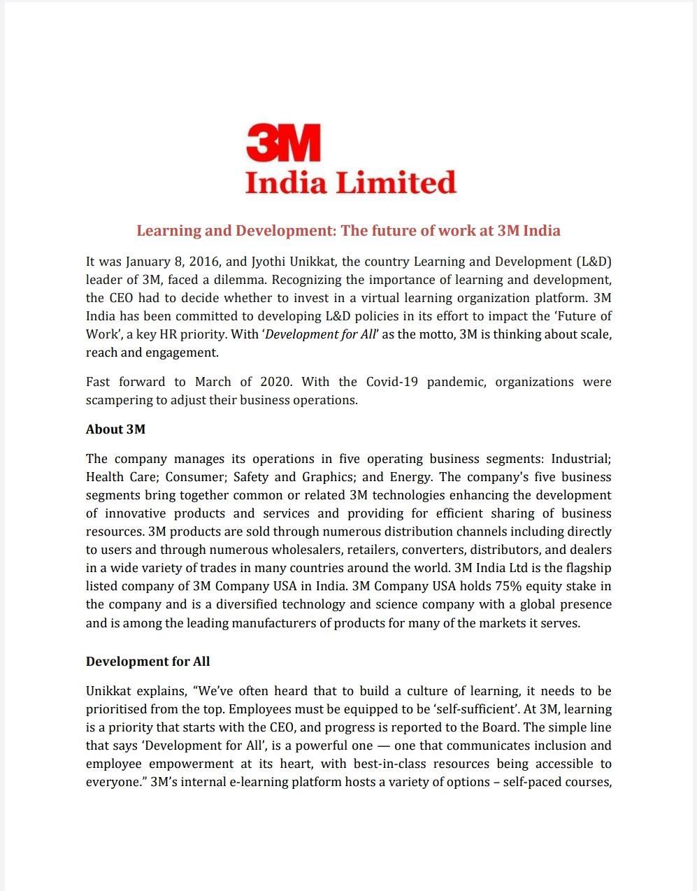 Solved 3M India Limited Learning and Development: The future | Chegg.com