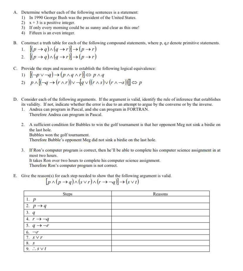 Solved A. Determine whether each of the following sentences | Chegg.com