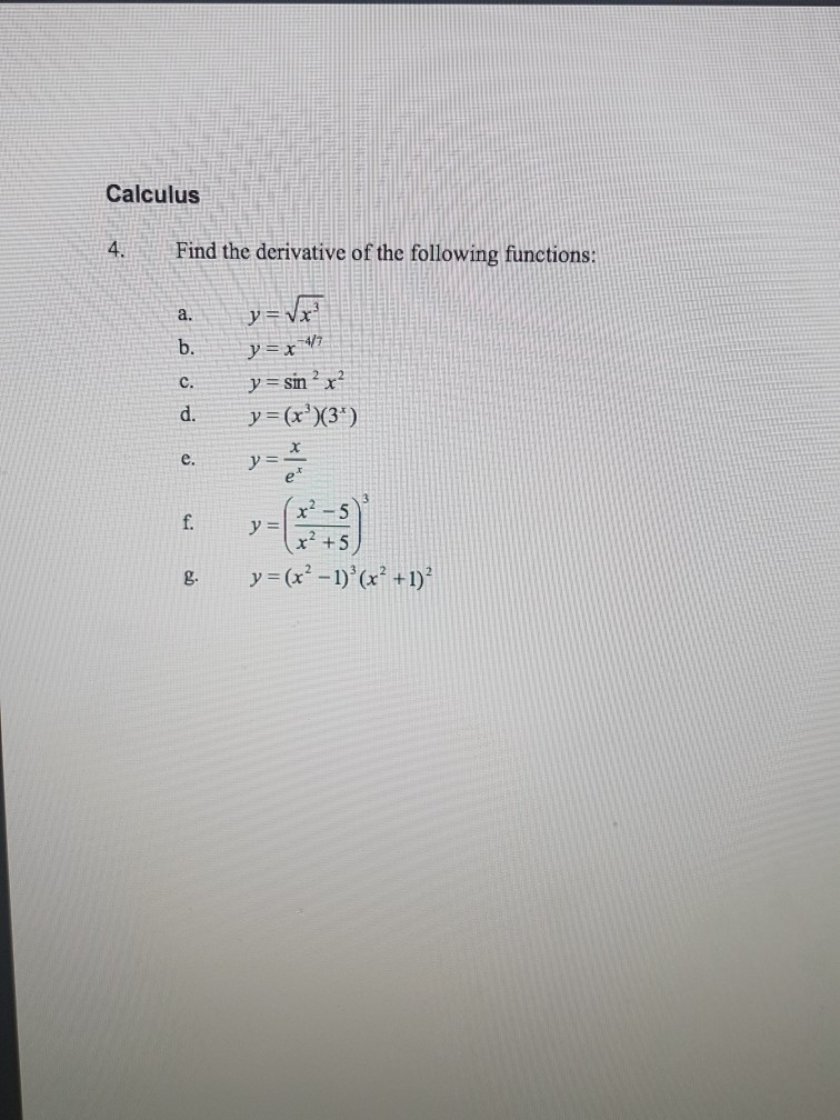 Solved Calculus 4. Find the derivative of the following | Chegg.com