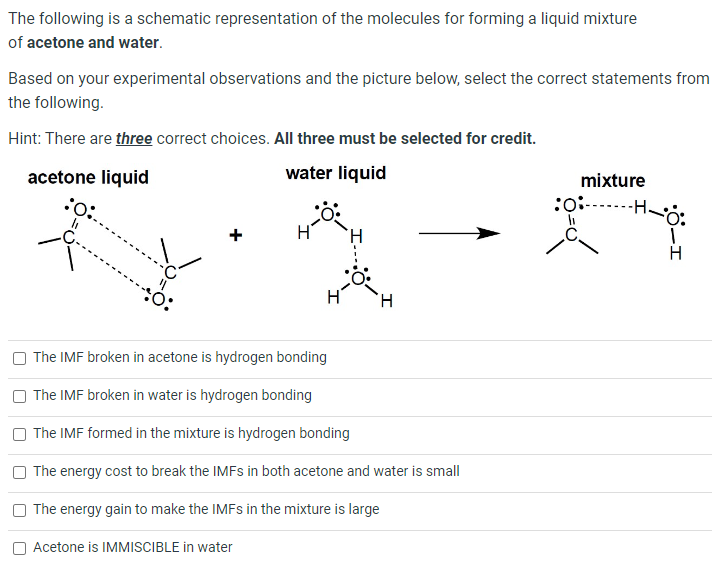 The following is a schematic representation of the molecules for forming a liquid mixture of acetone and water.
Based on your