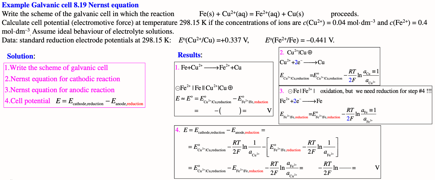 Solved Example Galvanic cell 8.19 Nernst equation Write the | Chegg.com