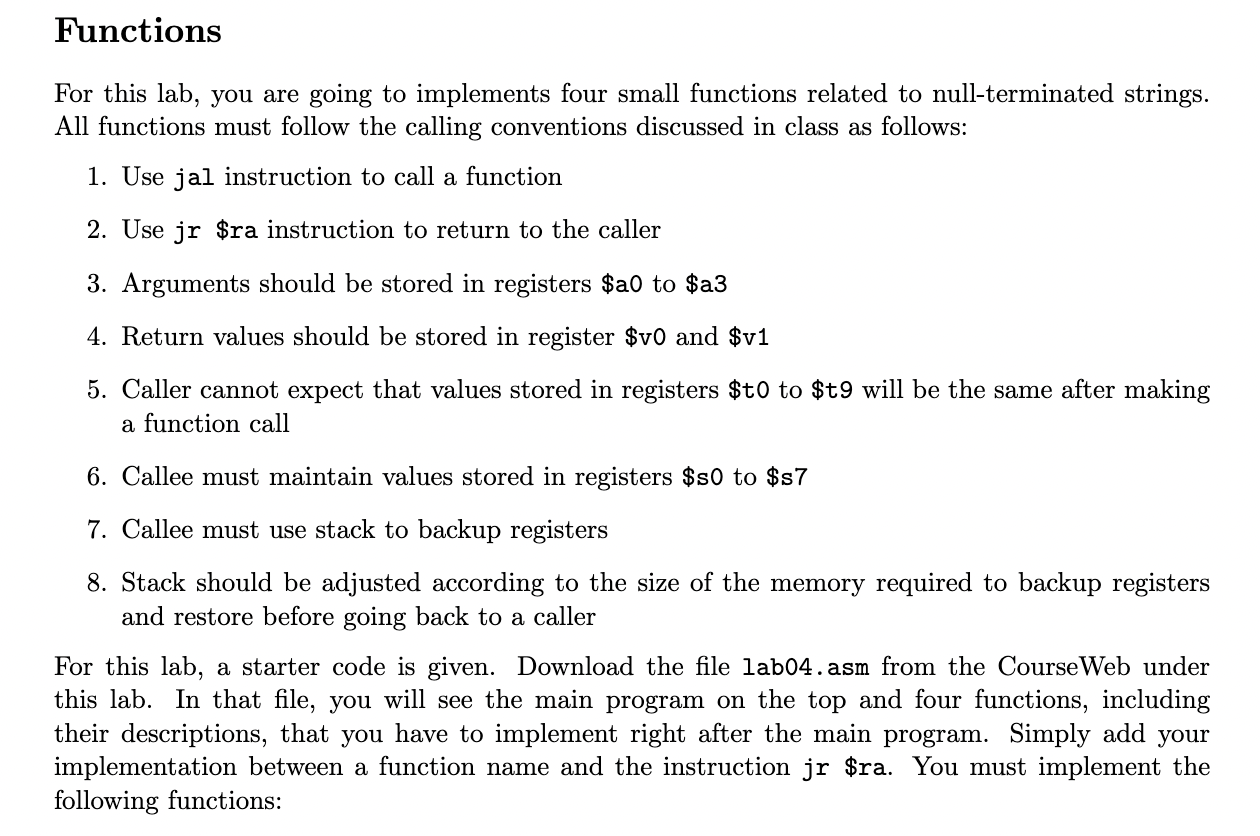 Solved Functions For this lab, you are going to implements | Chegg.com